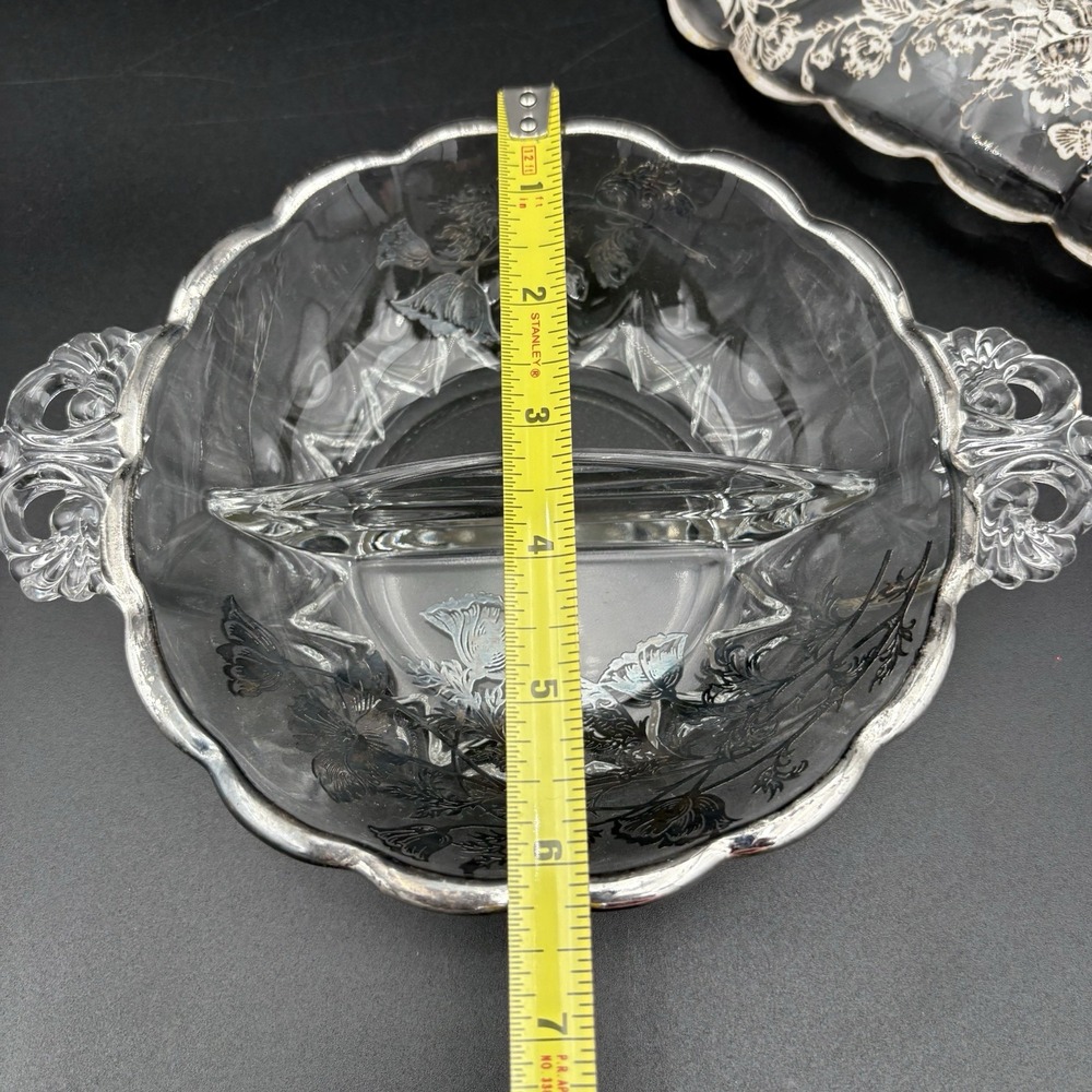 Set Silver City Glass Flanders Poppy Divided Relish & 11" Oval Dish Silver Leaf - Picture 7 of 14